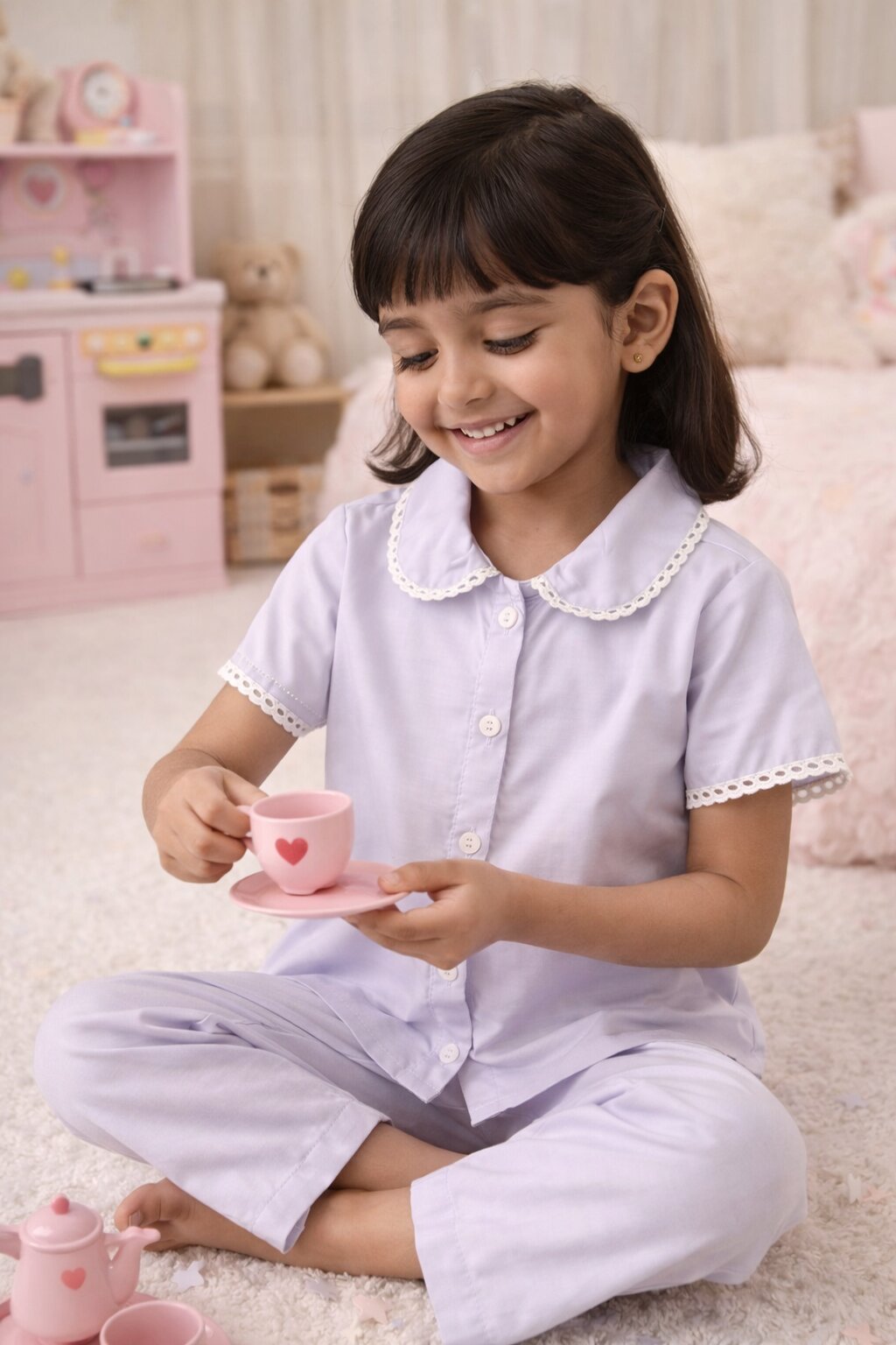 Girls Lavender Cotton Co-ord Set with Lace Collar | Shirt & Pants - Tippy Top