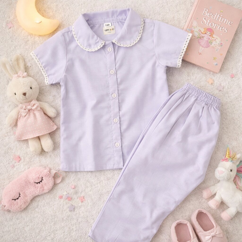 Girls Lavender Cotton Co-ord Set with Lace Collar | Shirt & Pants - Tippy Top