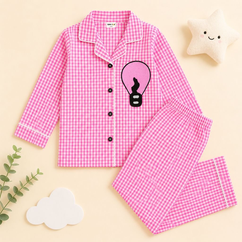 Girls Pink Ghingham Night Suit with Air Balloon Patch - Tippy Top