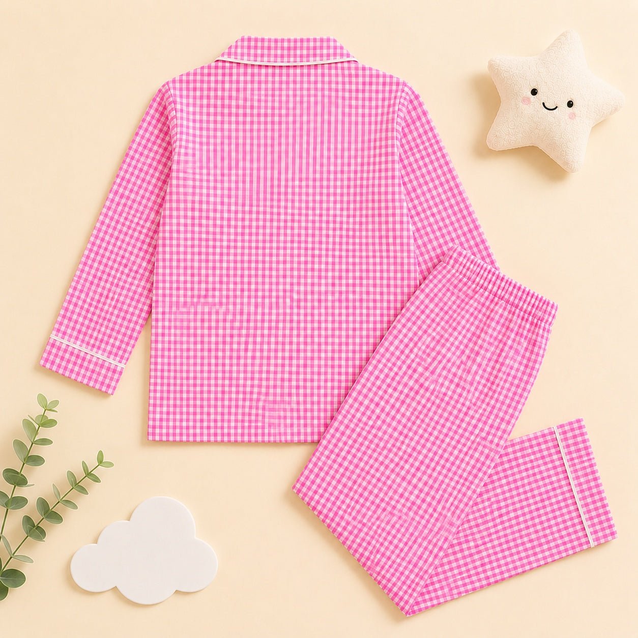 Girls Pink Ghingham Night Suit with Air Balloon Patch - Tippy Top