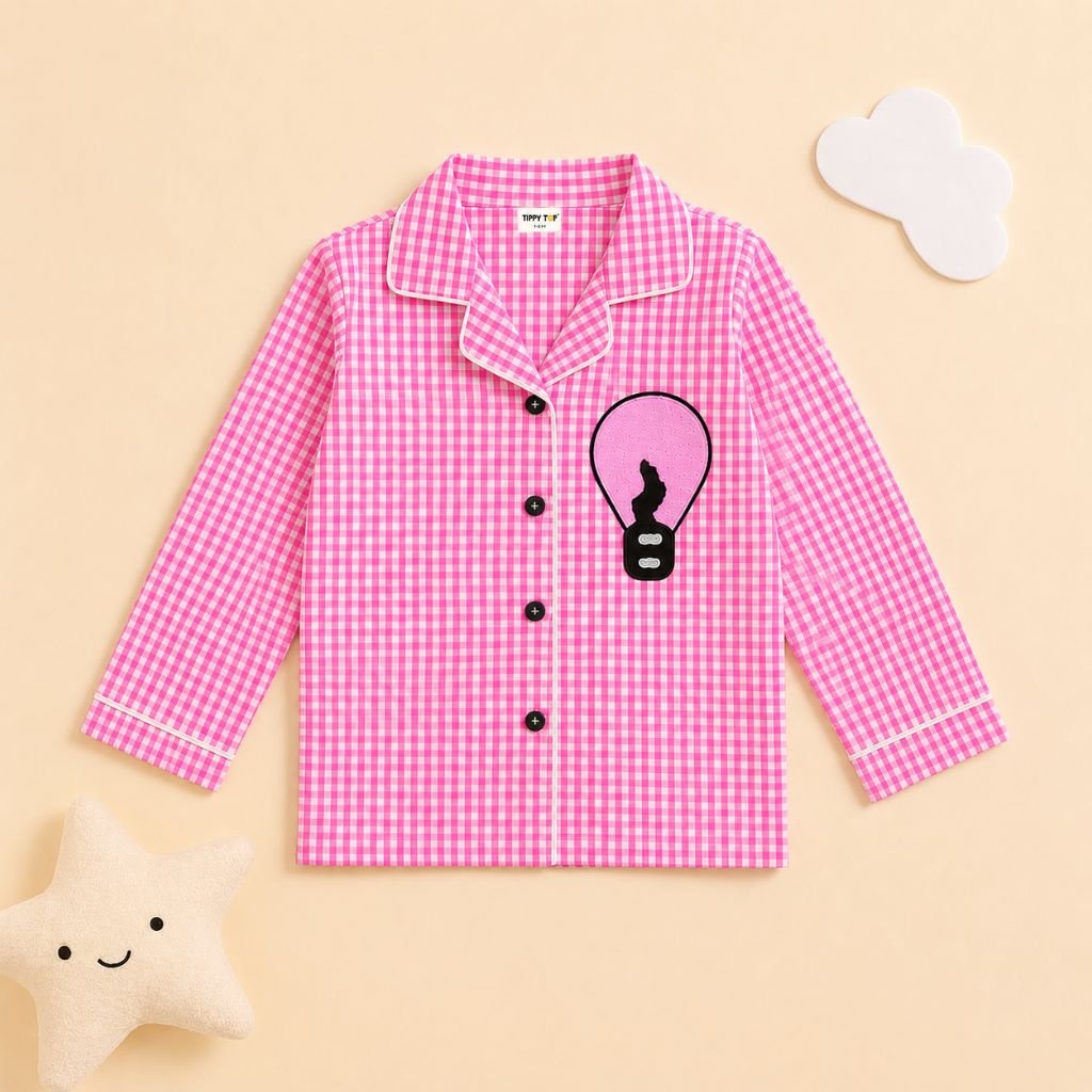 Girls Pink Ghingham Night Suit with Air Balloon Patch - Tippy Top