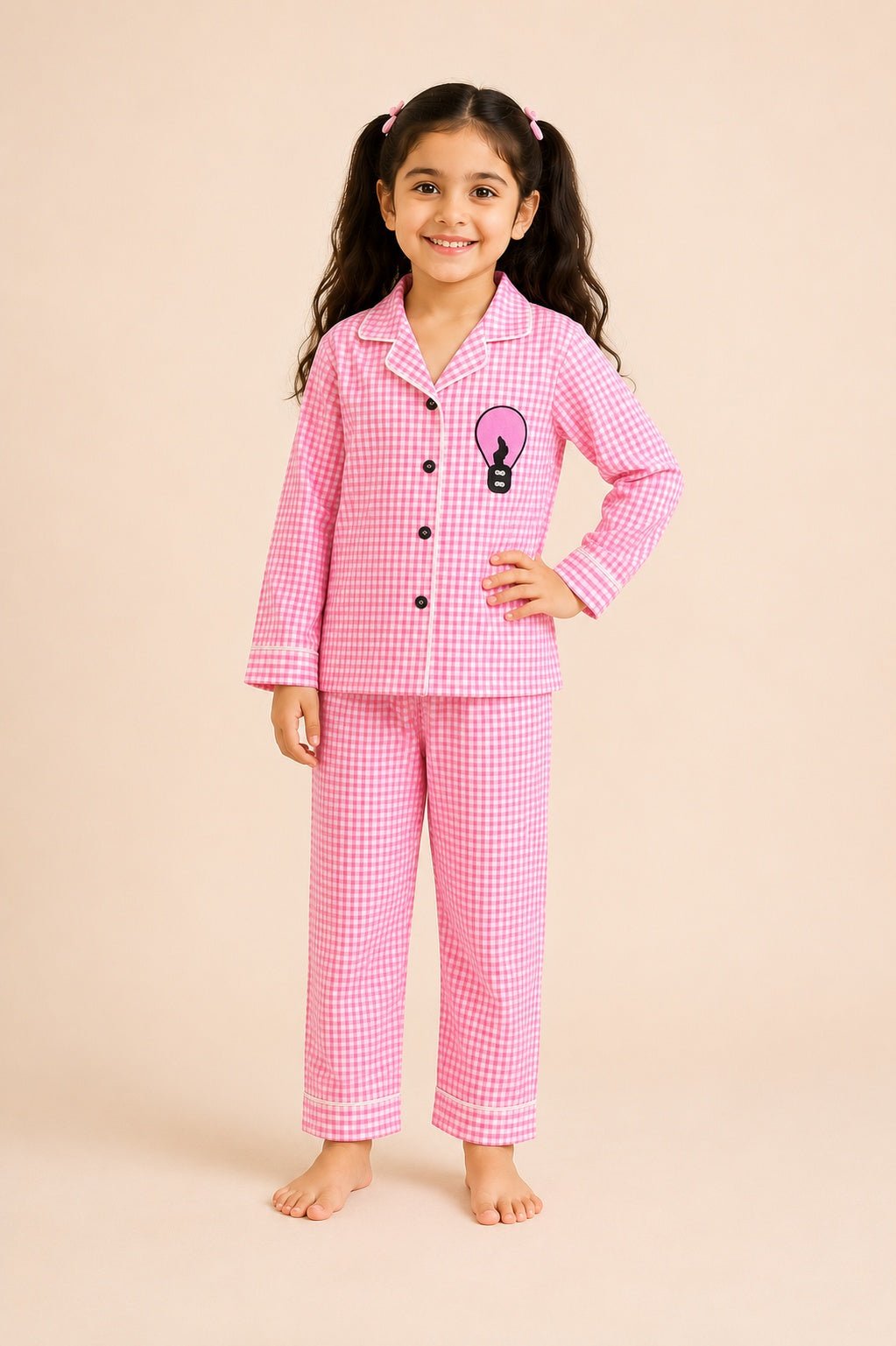 Girls Pink Ghingham Night Suit with Air Balloon Patch - Tippy Top