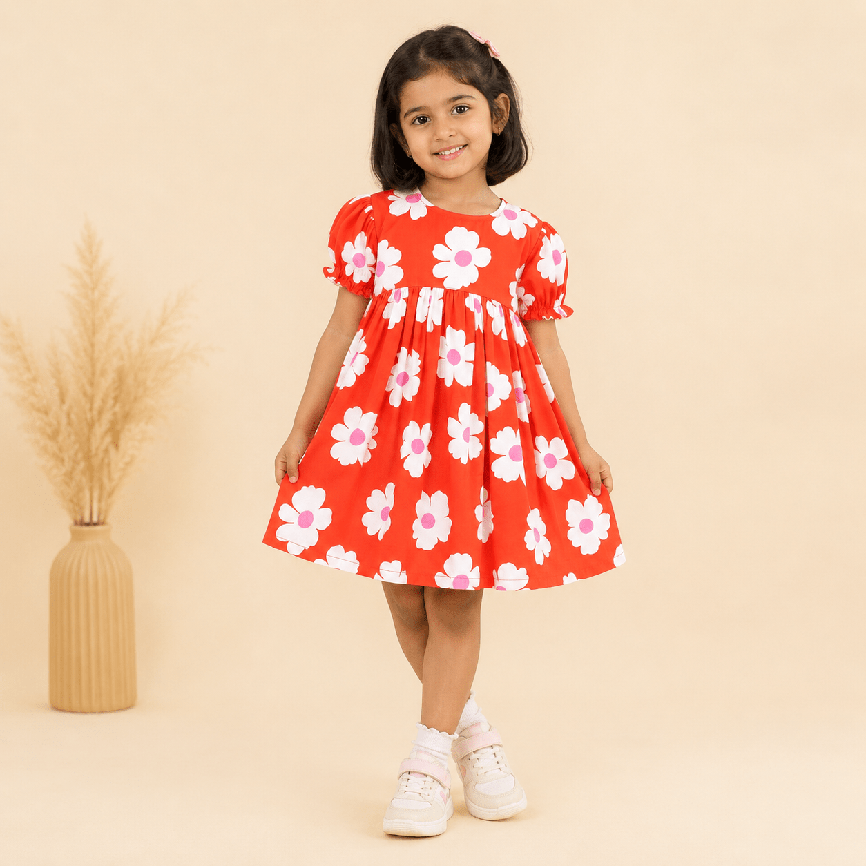 Girls Red Floral Puff Sleeve Cotton Party Dress - Tippy Top