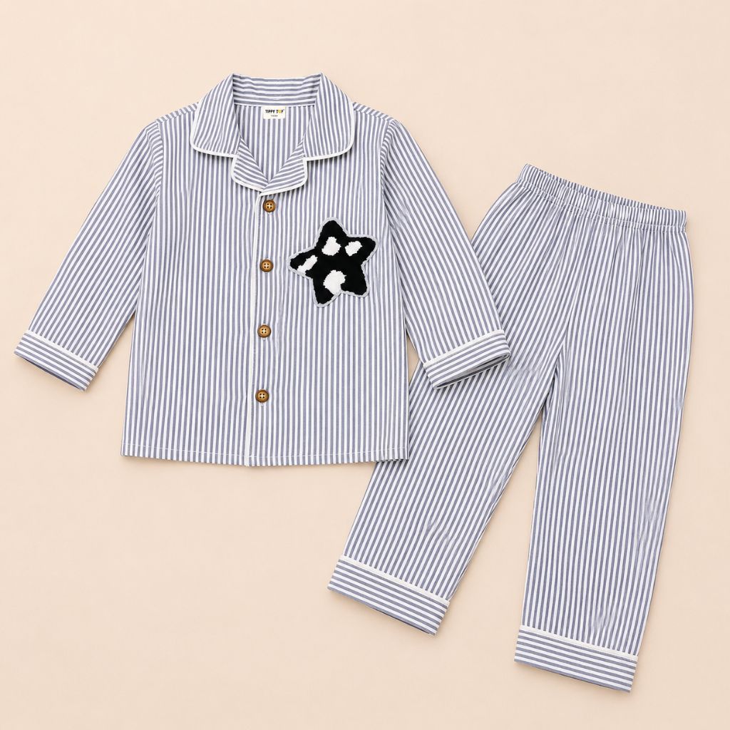 Cotton Grey Striped Nightsuit with Star Motif