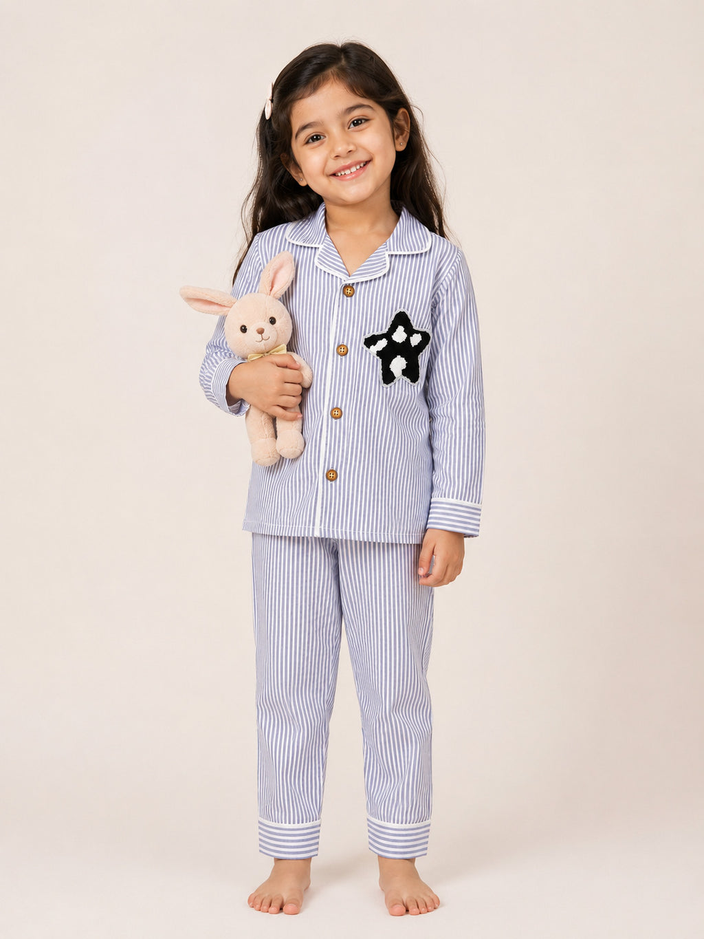 Cotton Grey Striped Nightsuit with Star Motif