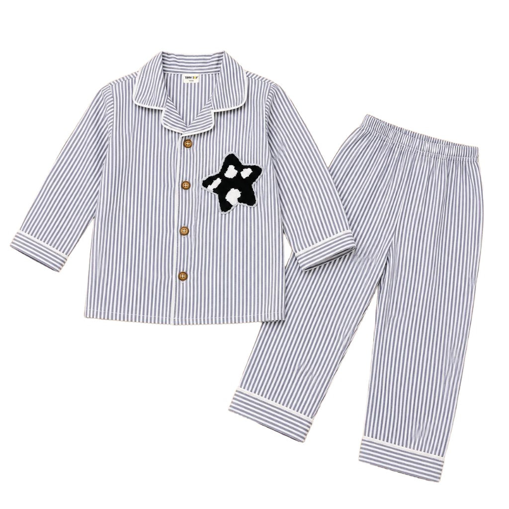 Cotton Grey Striped Nightsuit with Star Motif