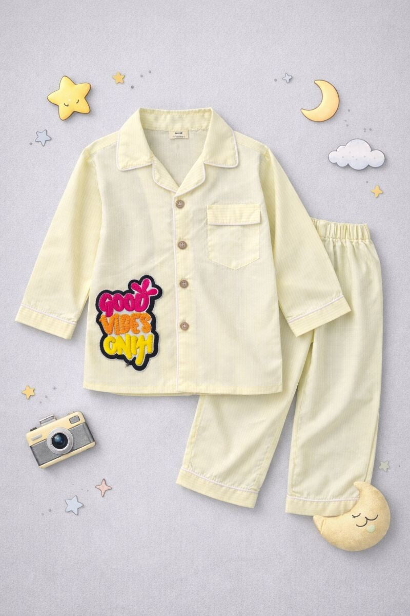 Pure Cotton Full Sleeves Kids Night Suit with “Good Vibes Only” Patch