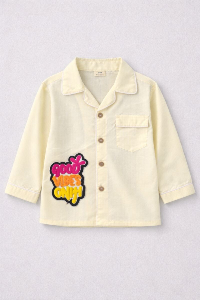 Pure Cotton Full Sleeves Kids Night Suit with “Good Vibes Only” Patch