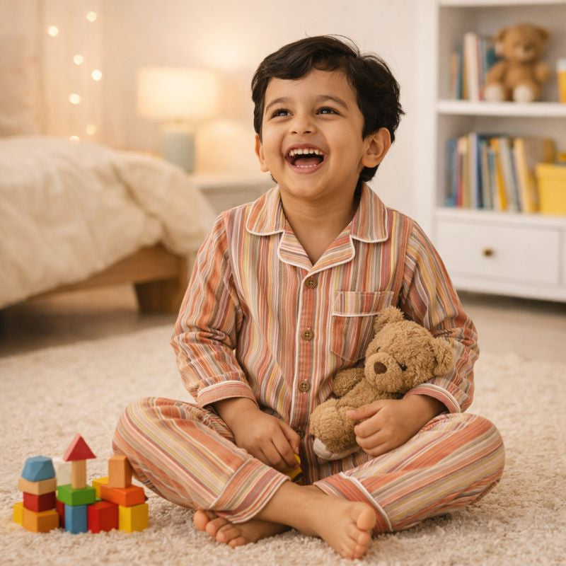 boy enjoying in his room while relaxing with tippy top striped night suit
