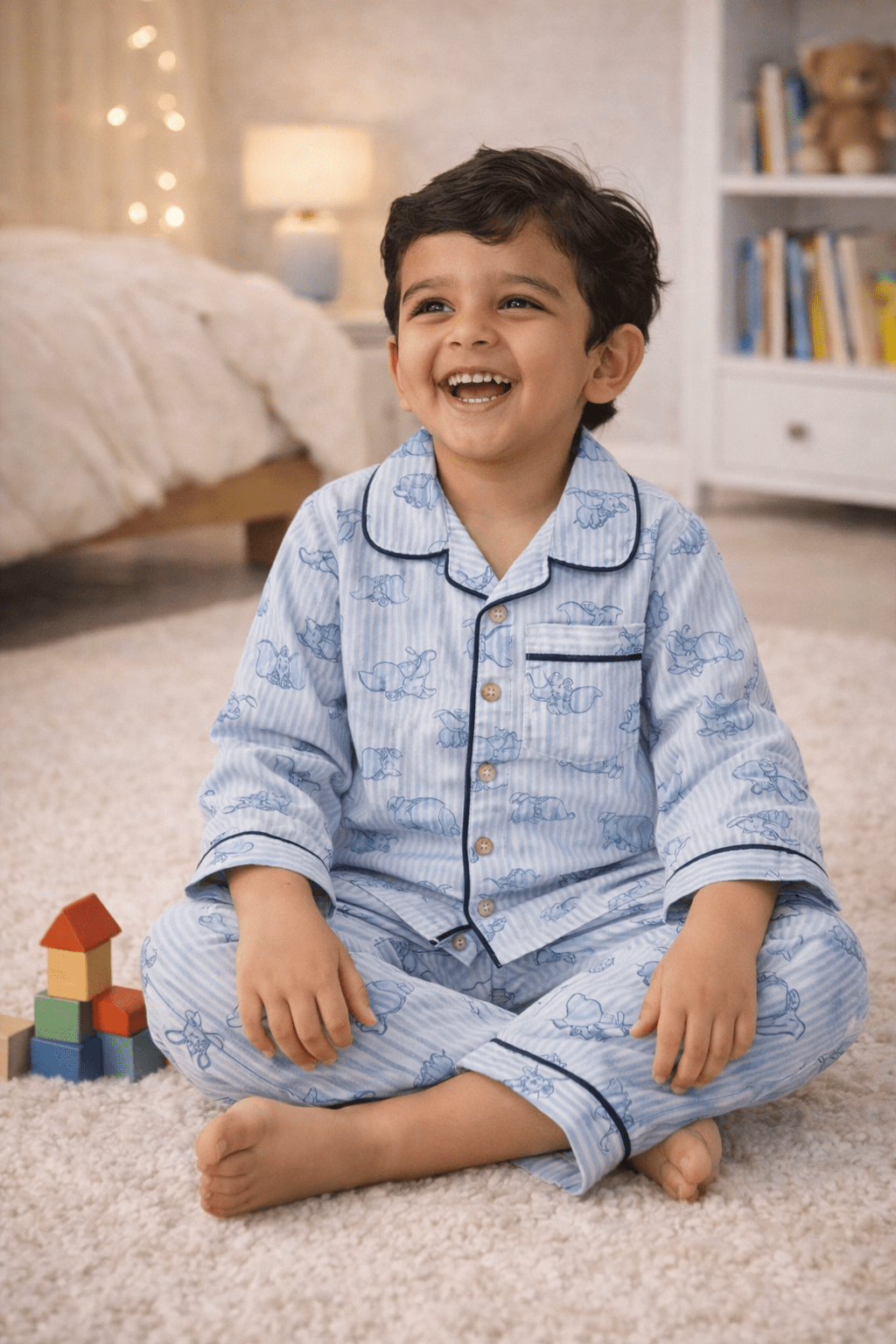 Kids Blue Cotton Striped Elephant Print Night Suit - Tippy Top