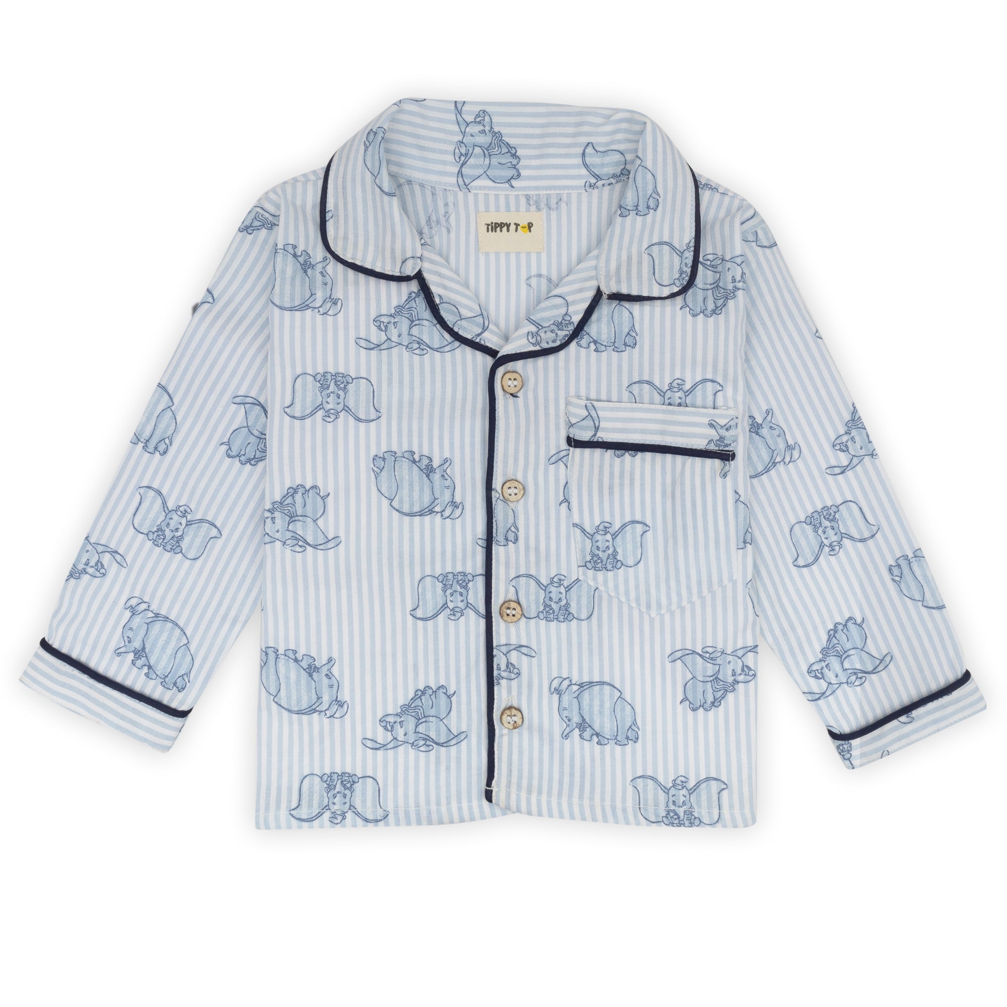 Kids Blue Cotton Striped Elephant Print Night Suit - Tippy Top