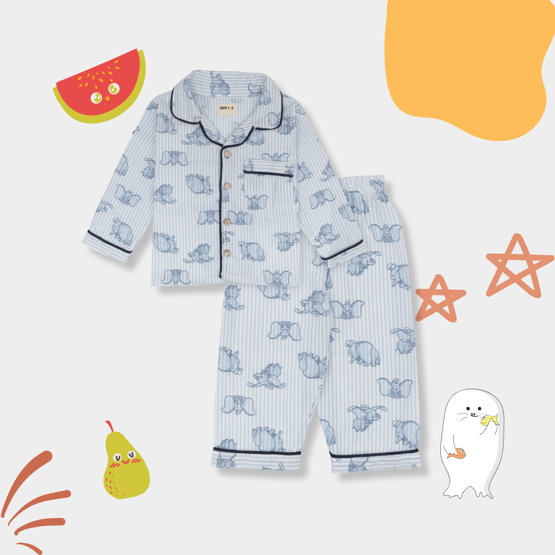 Kids Blue Cotton Striped Elephant Print Night Suit - Tippy Top