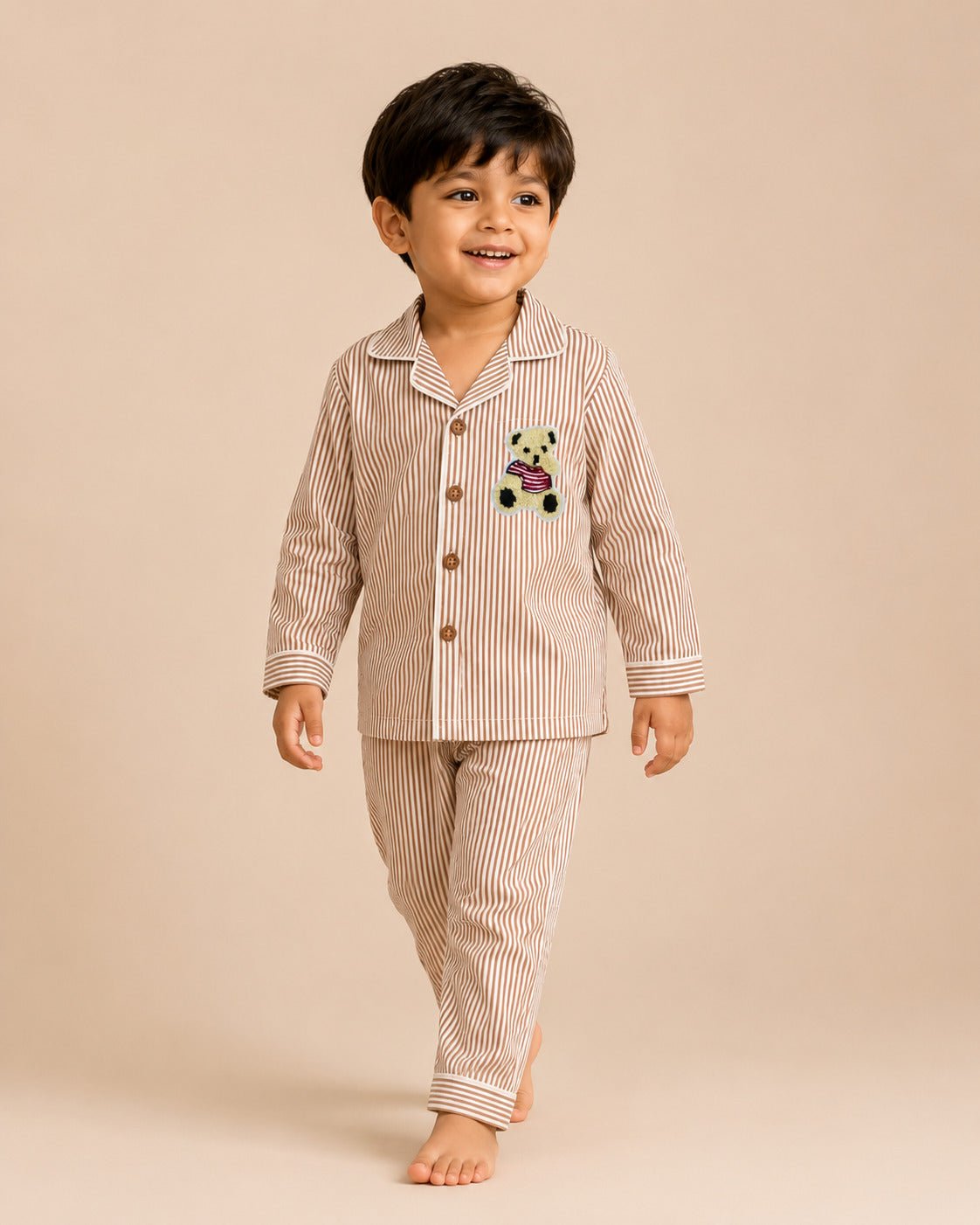 Kids Brown Striped Cotton Night Suit with Teddy Patch - Tippy Top