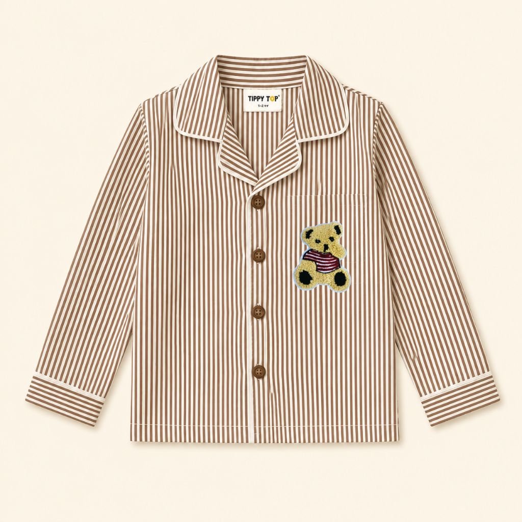 Kids Brown Striped Cotton Night Suit with Teddy Patch - Tippy Top
