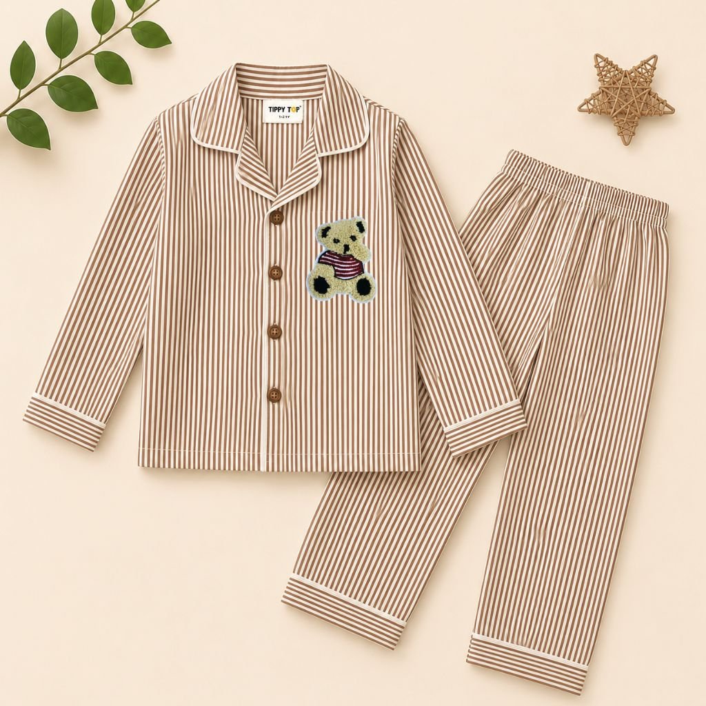 Kids Brown Striped Cotton Night Suit with Teddy Patch - Tippy Top