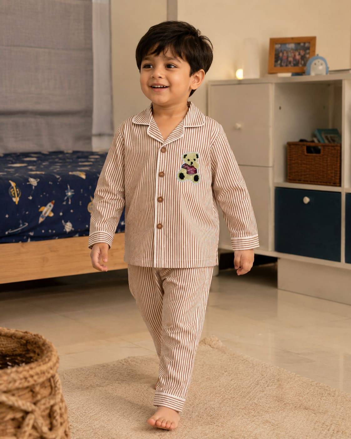 Kids Brown Striped Cotton Night Suit with Teddy Patch - Tippy Top