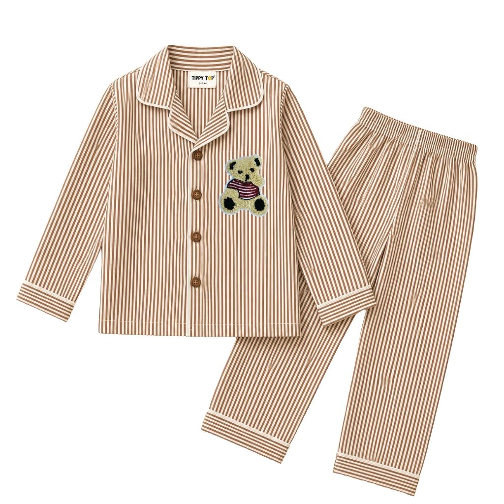 Kids Brown Striped Cotton Night Suit with Teddy Patch - Tippy Top