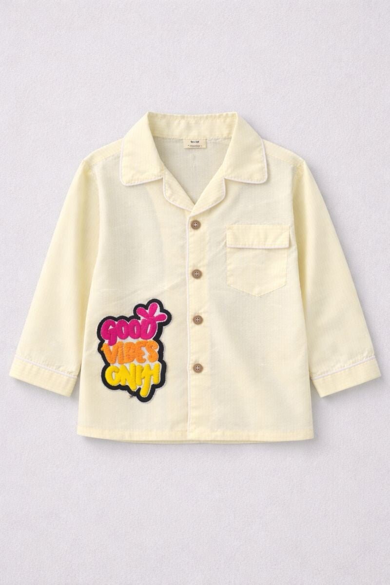 Kids Cotton Full Sleeves Night Suit with Good Vibes Only Patch - Tippy Top