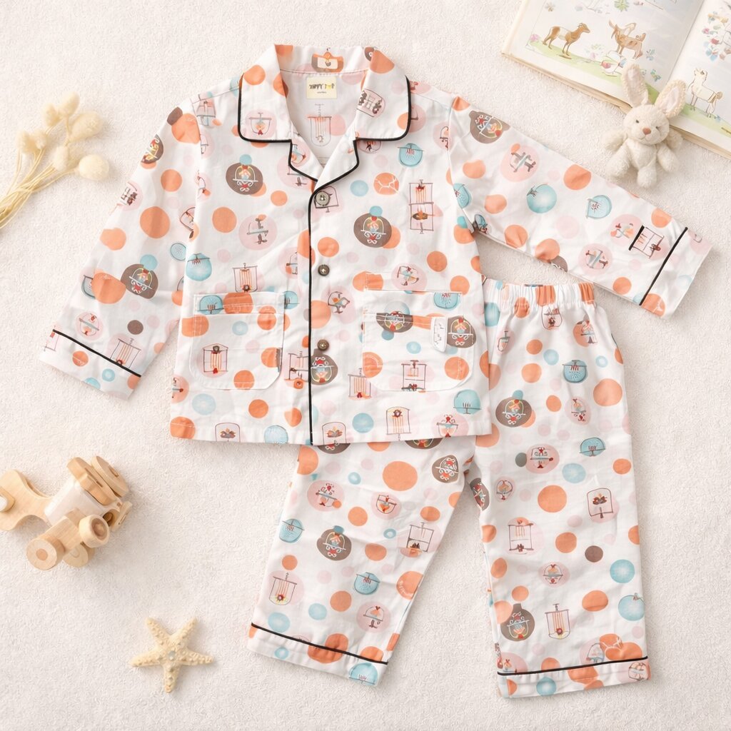 Kids Cotton Night Suit with Polka Dot Toy Print | Full Sleeve - Tippy Top