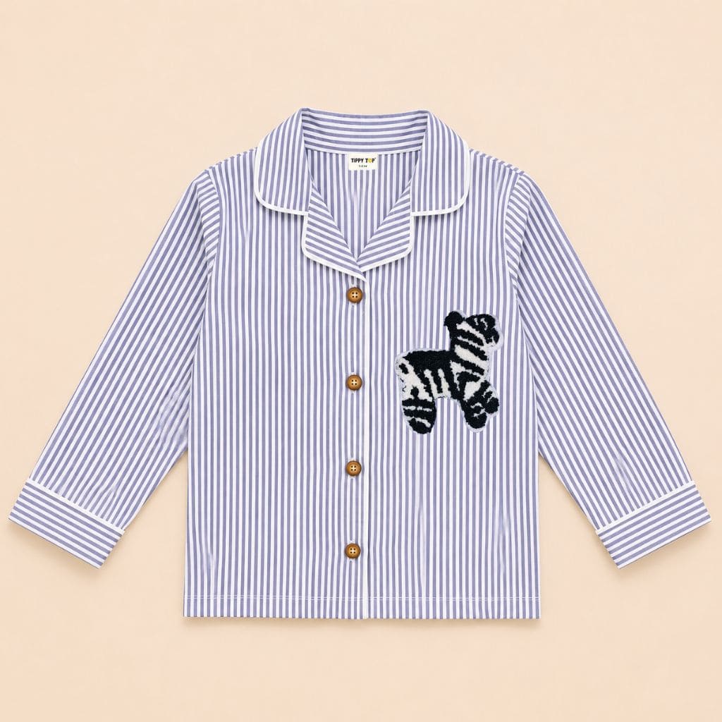 Kids Cotton Striped Night Suit with Zebra Patch | Full Sleeve Nightwear - Tippy Top