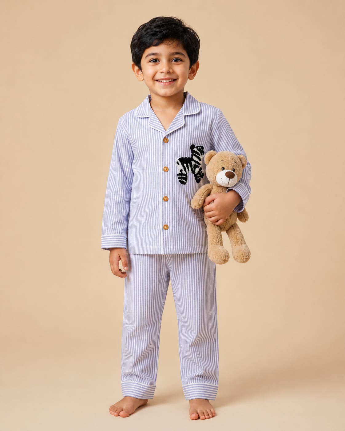 Kids Cotton Striped Night Suit with Zebra Patch | Full Sleeve Nightwear - Tippy Top
