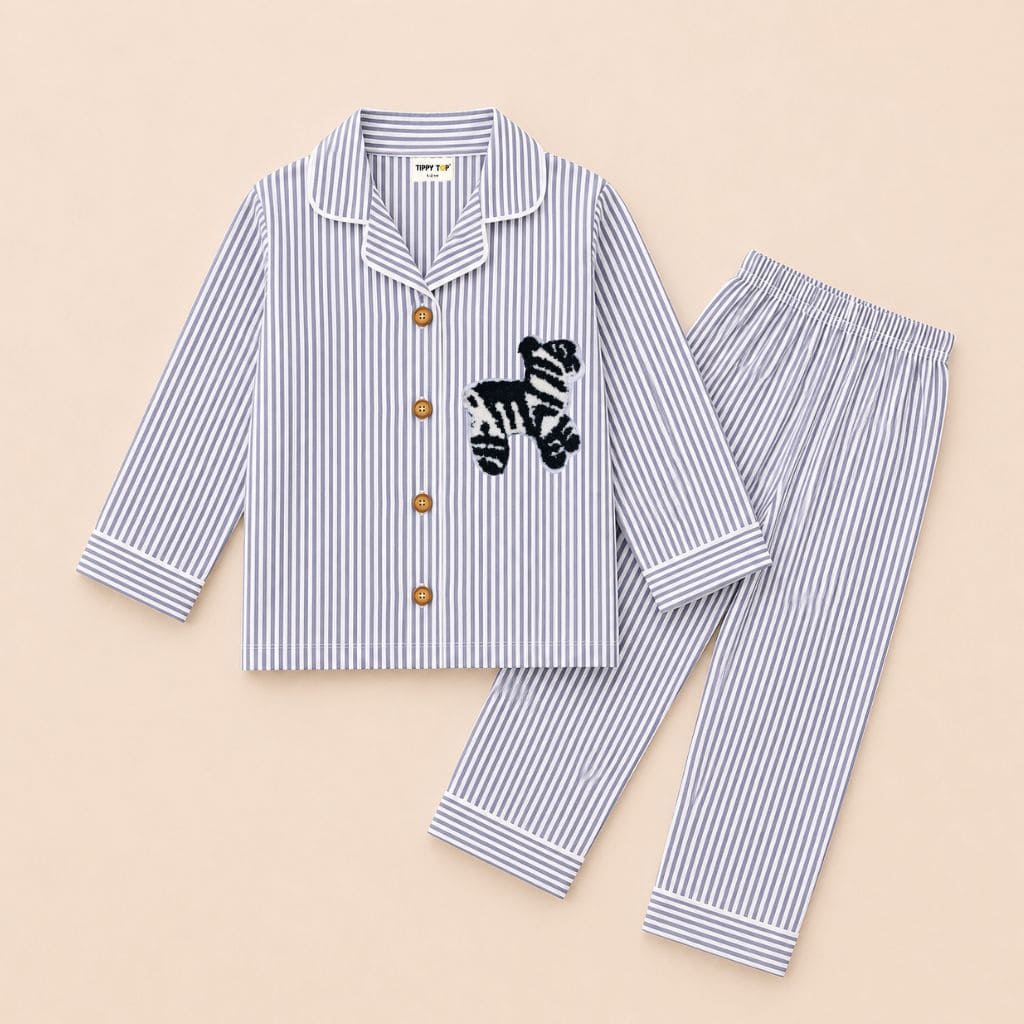 Kids Cotton Striped Night Suit with Zebra Patch | Full Sleeve Nightwear - Tippy Top