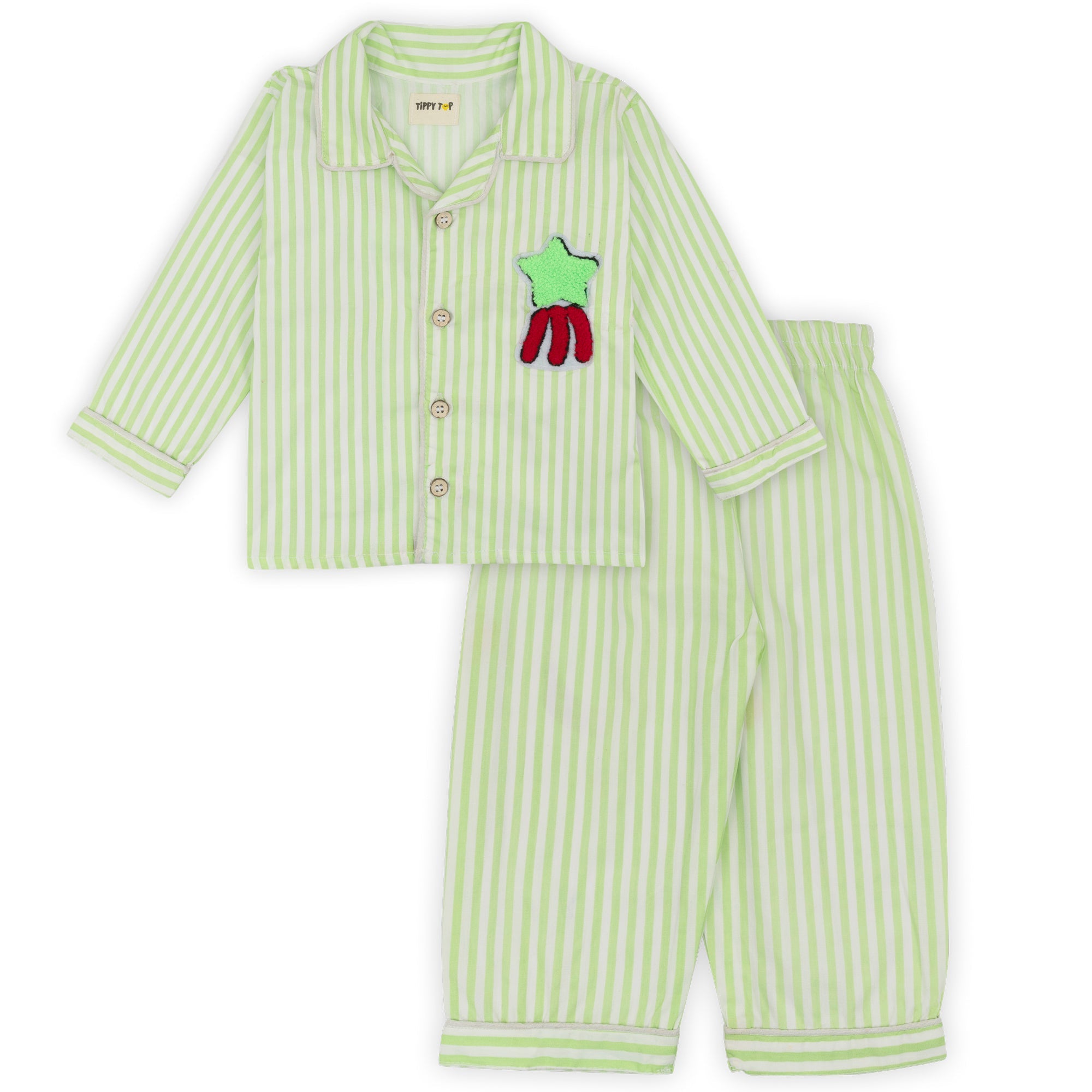 Kids Lime Green Striped Cotton Night Suit with Patch - Tippy Top