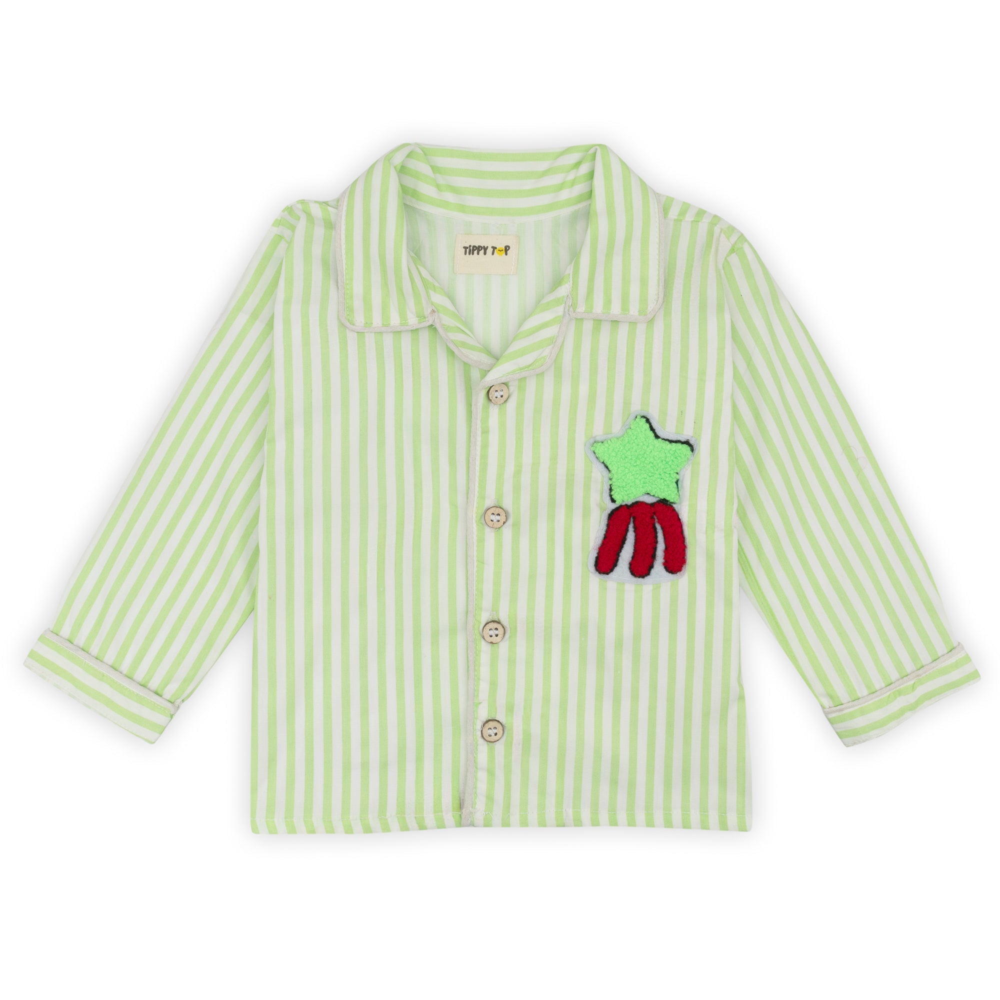 Kids Lime Green Striped Cotton Night Suit with Patch - Tippy Top