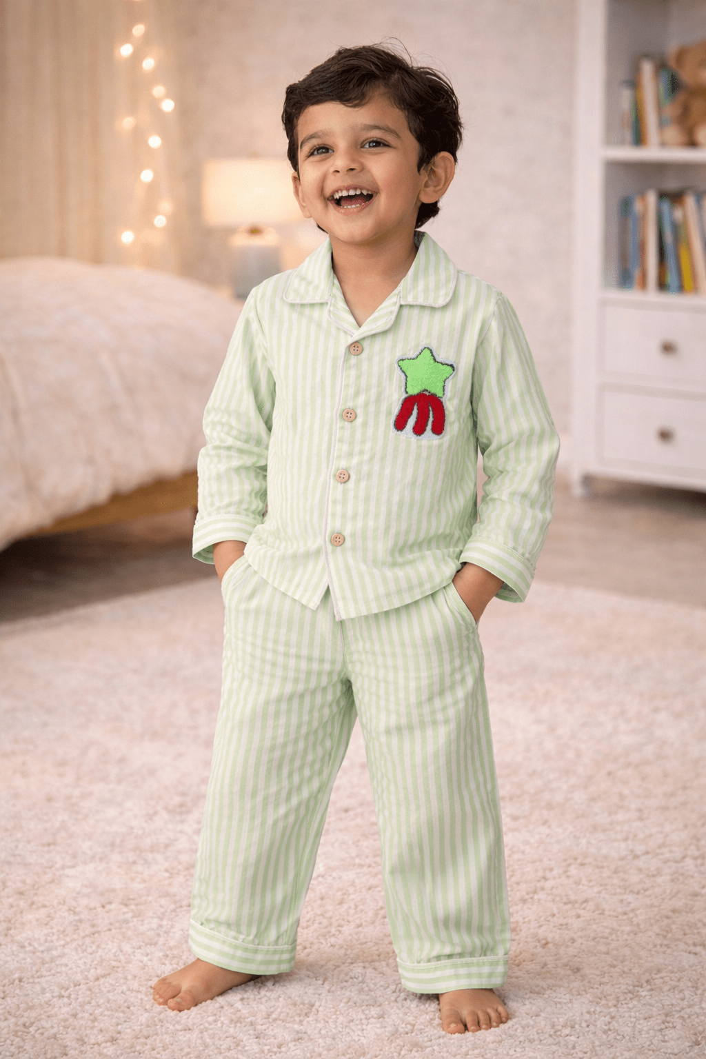 Kids Lime Green Striped Cotton Night Suit with Patch - Tippy Top
