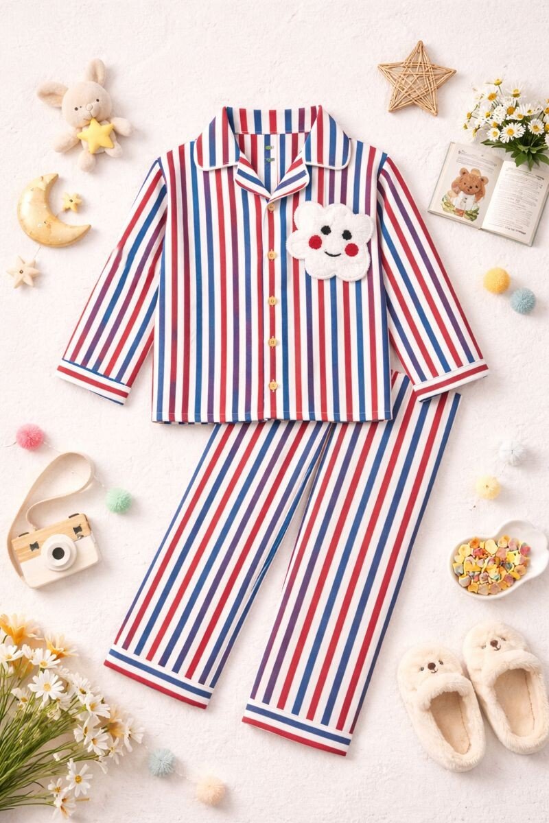 Kids Multicolor Striped Cotton Night Suit with Front Open Shirt & Cute Patch - Tippy Top