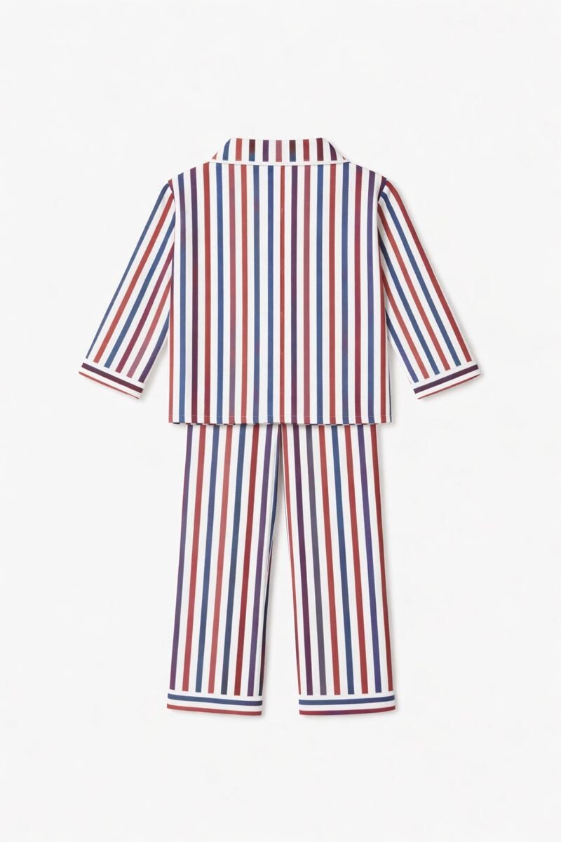 Kids Multicolor Striped Cotton Night Suit with Front Open Shirt & Cute Patch - Tippy Top
