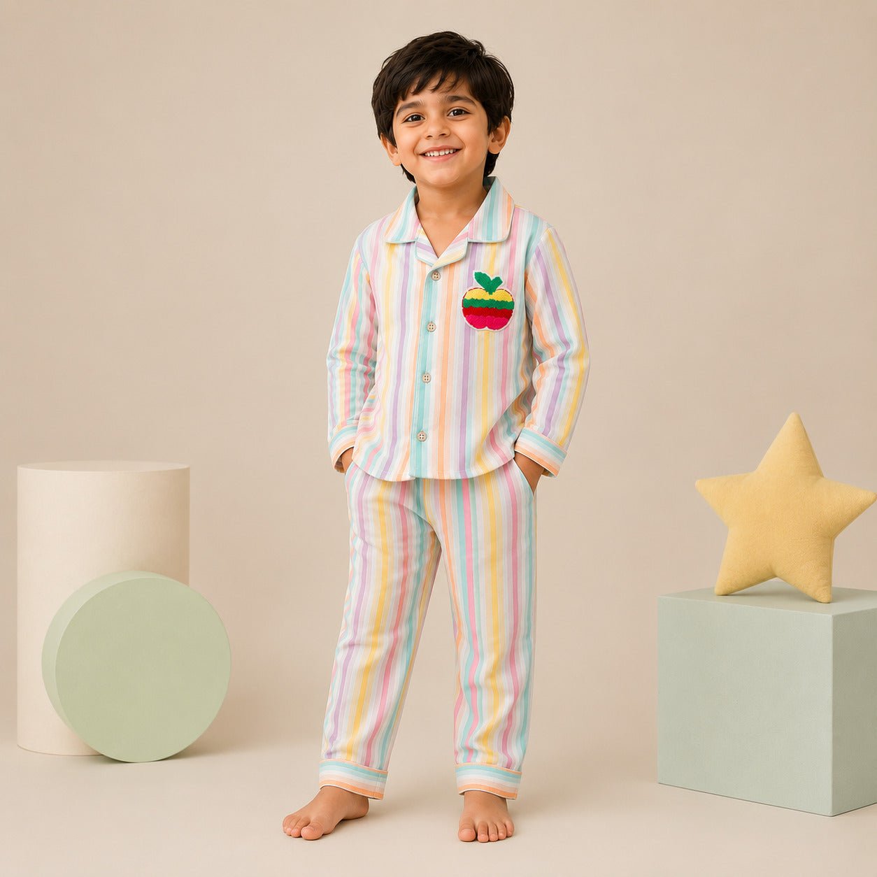 Kids Pastel Multicolor Striped Cotton Night Suit with Apple Patch - Tippy Top