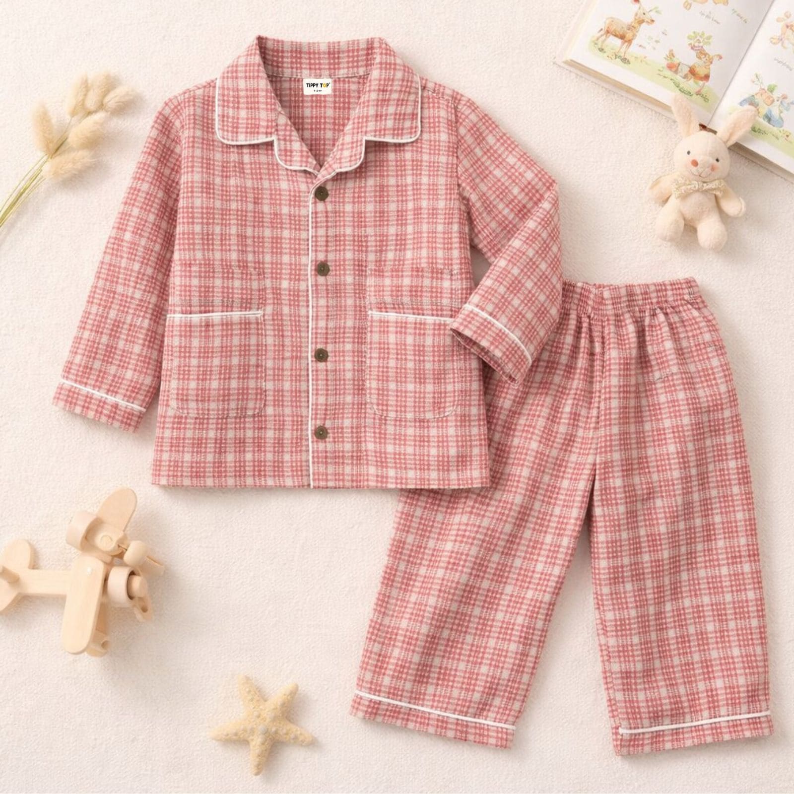 Kids Peach Check Cotton Night Suit | Soft Full Sleeve Sleepwear Set - Tippy Top