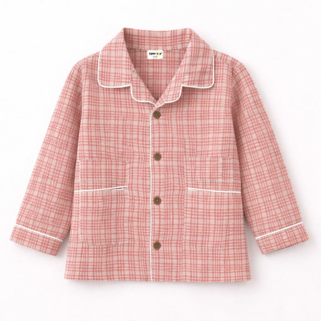 Kids Peach Check Cotton Night Suit | Soft Full Sleeve Sleepwear Set - Tippy Top