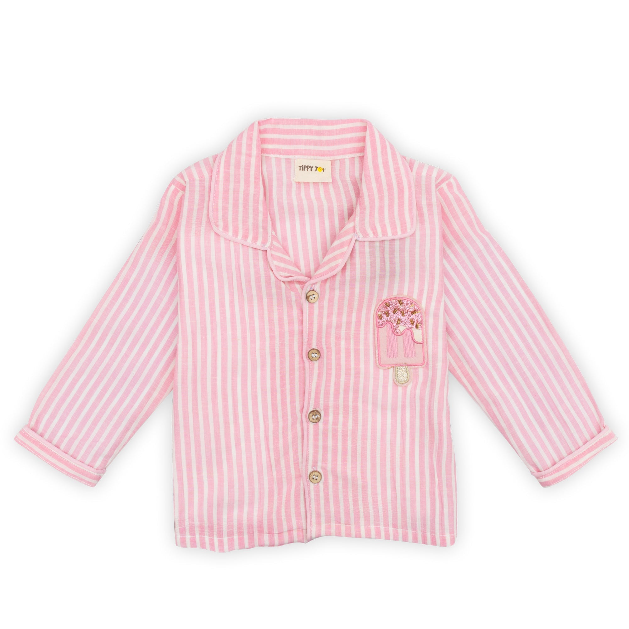 Kids Pink Striped Cotton Night Suit with Ice Cream Patch - Tippy Top