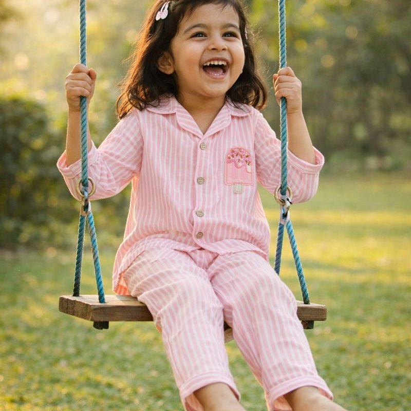 Kids Pink Striped Cotton Night Suit with Ice Cream Patch - Tippy Top