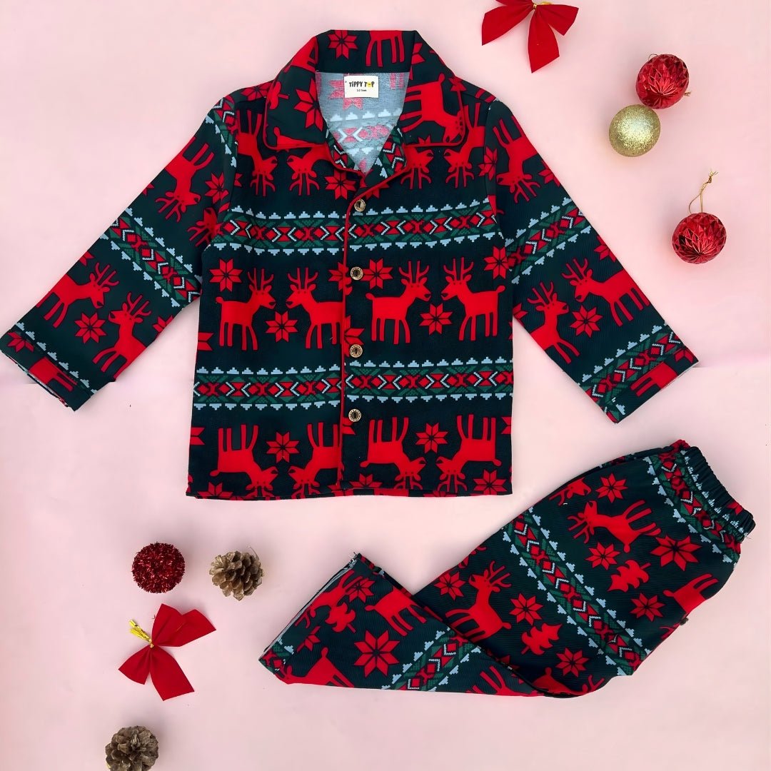 Kids Red & Green Flannel Night Suit with Festive Reindeer Print - Tippy Top