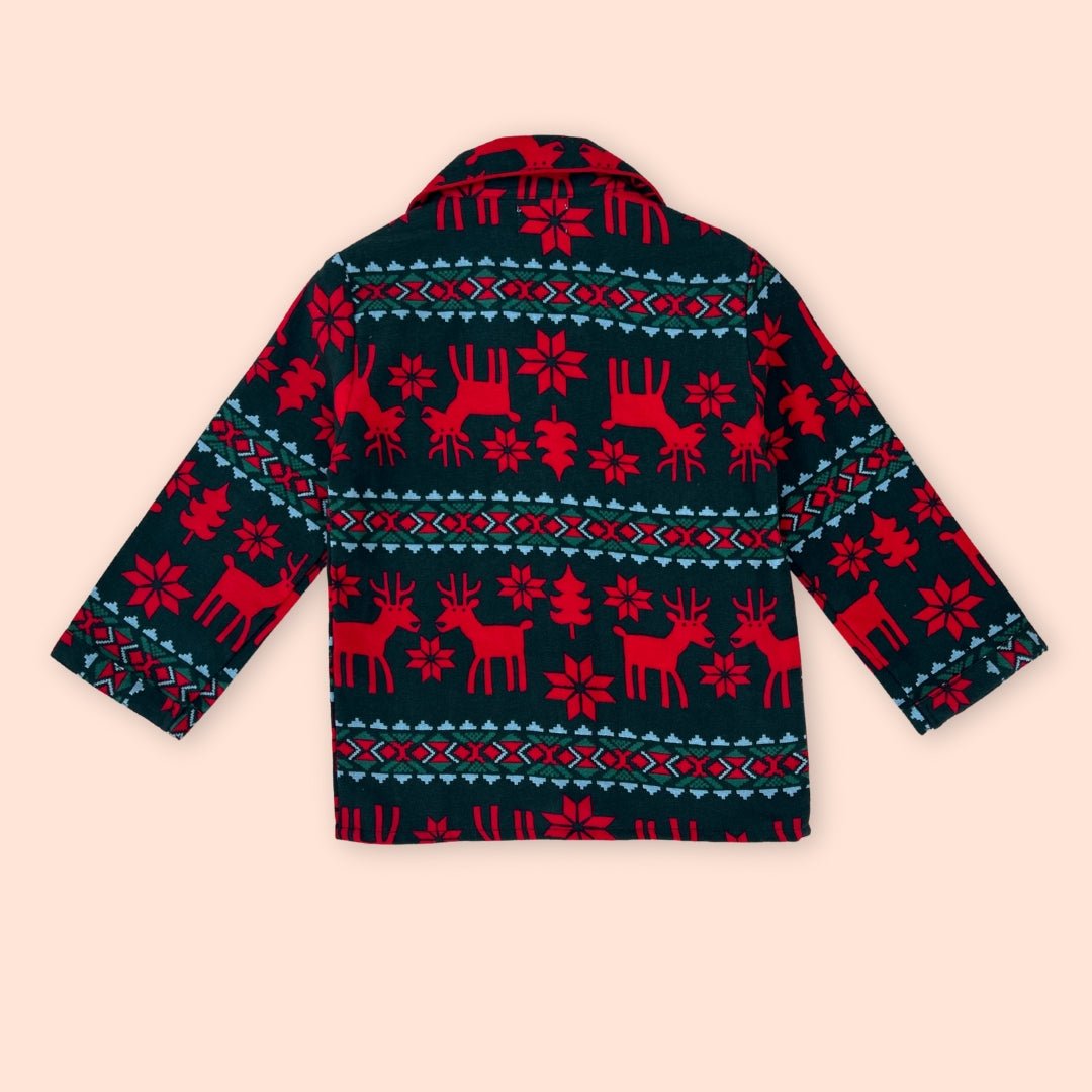Kids Red & Green Flannel Night Suit with Festive Reindeer Print - Tippy Top
