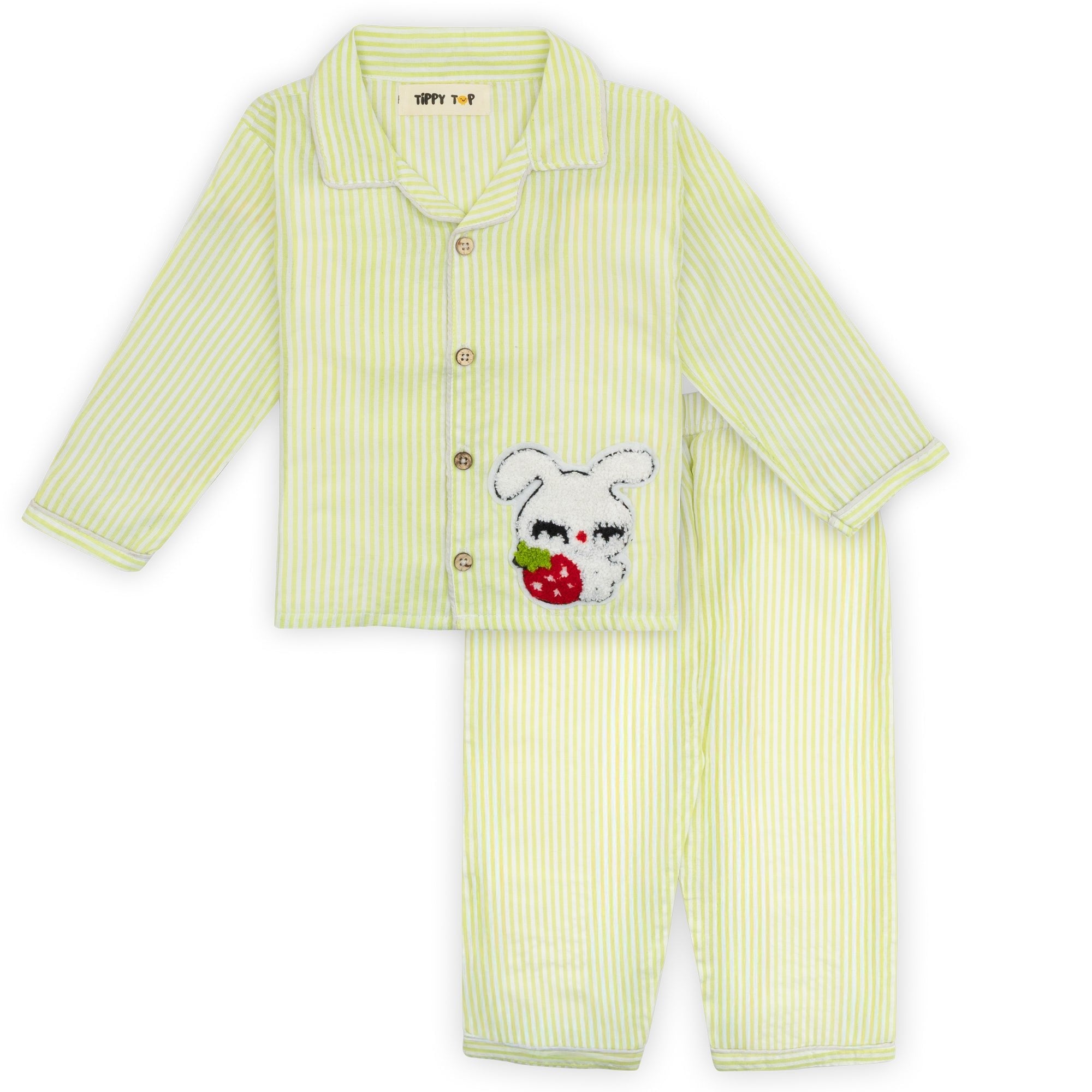 Kids Striped Cotton Night Suit with Rabbit Patch - Tippy Top