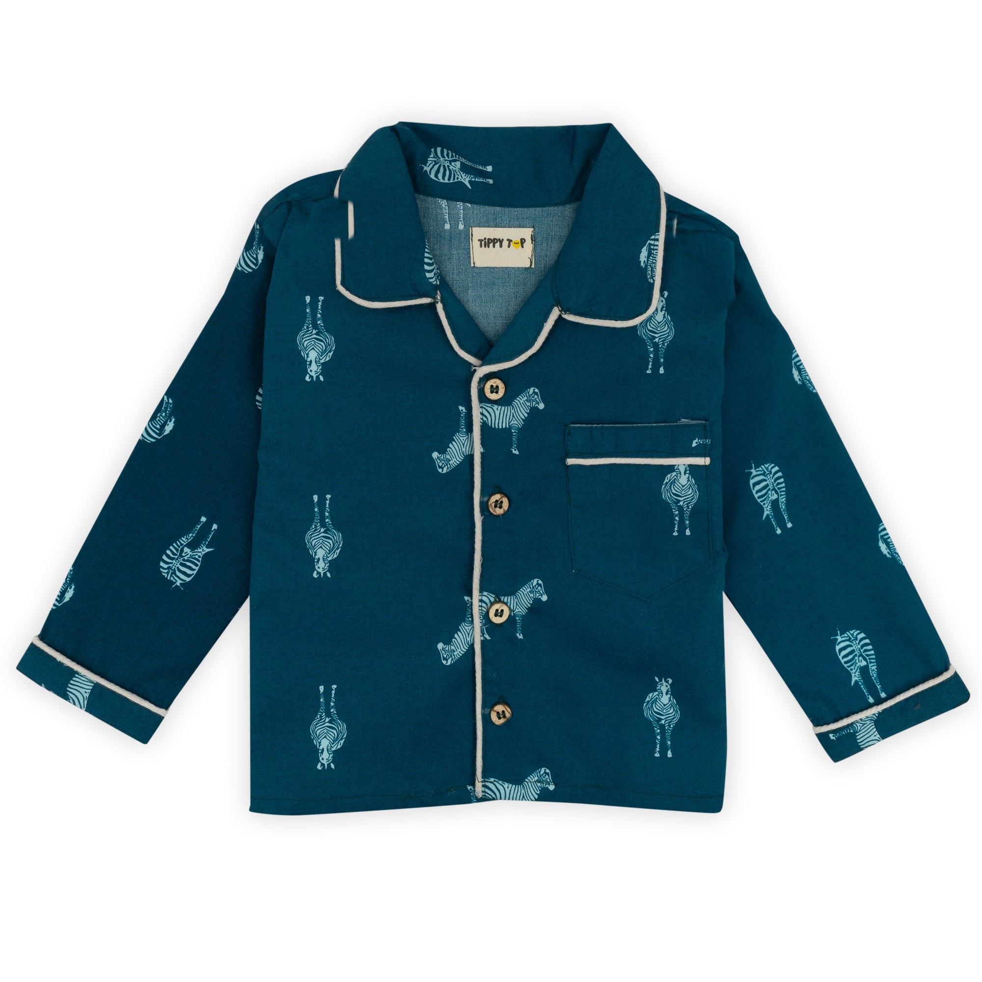 Kids Teal Blue Cotton Zebra Print Night Suit - Tippy Top
