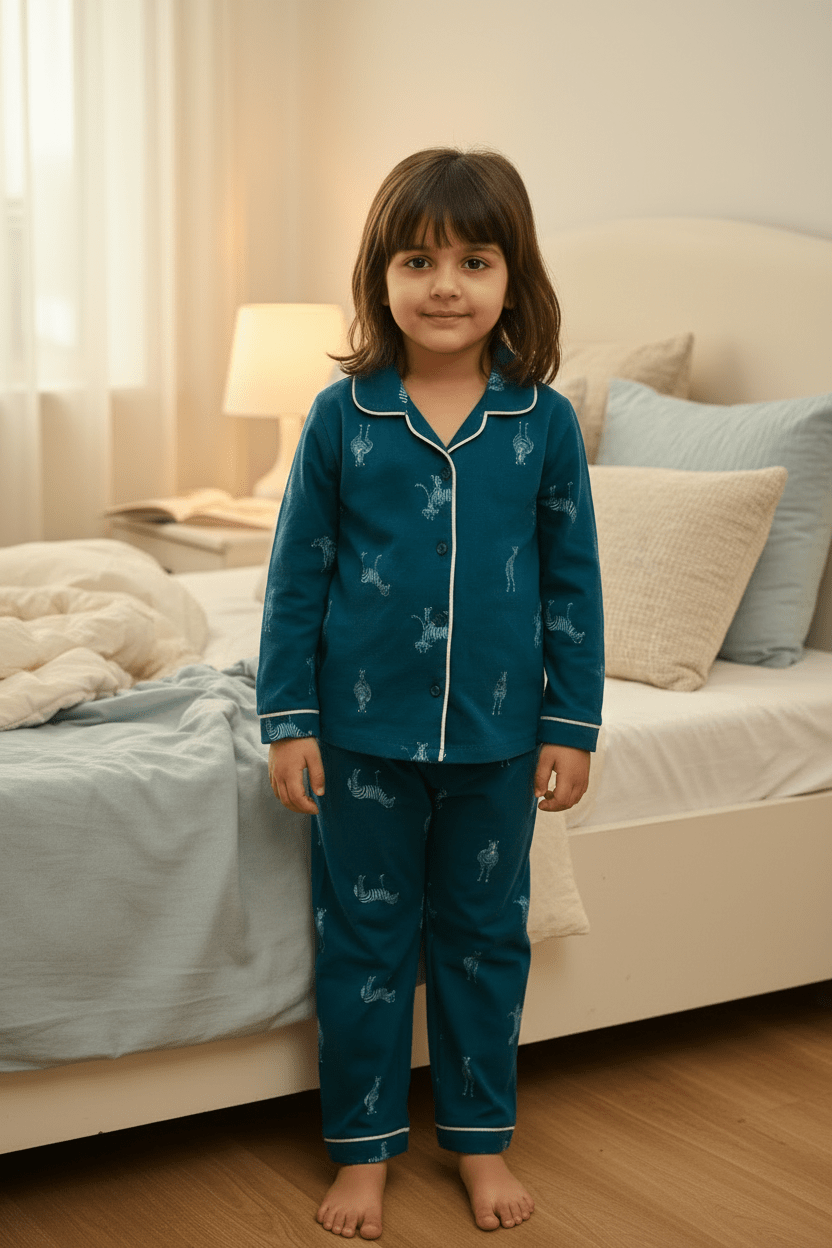 Kids Teal Blue Cotton Zebra Print Night Suit - Tippy Top
