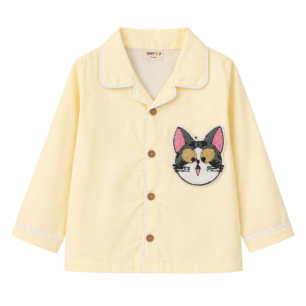 Kids Yellow Cotton Night Suit with Cat Patch - Tippy Top