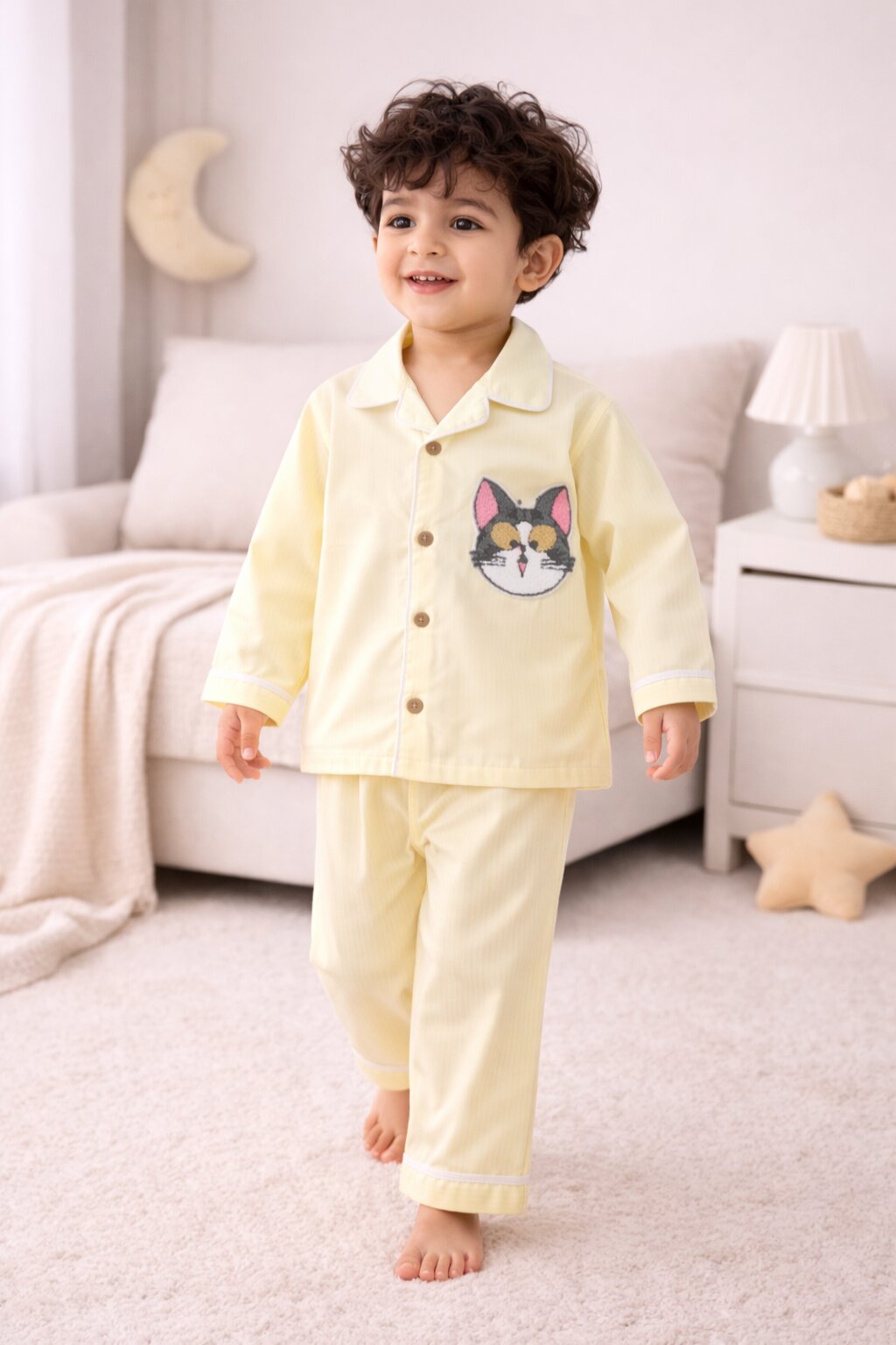 Kids Yellow Cotton Night Suit with Cat Patch - Tippy Top