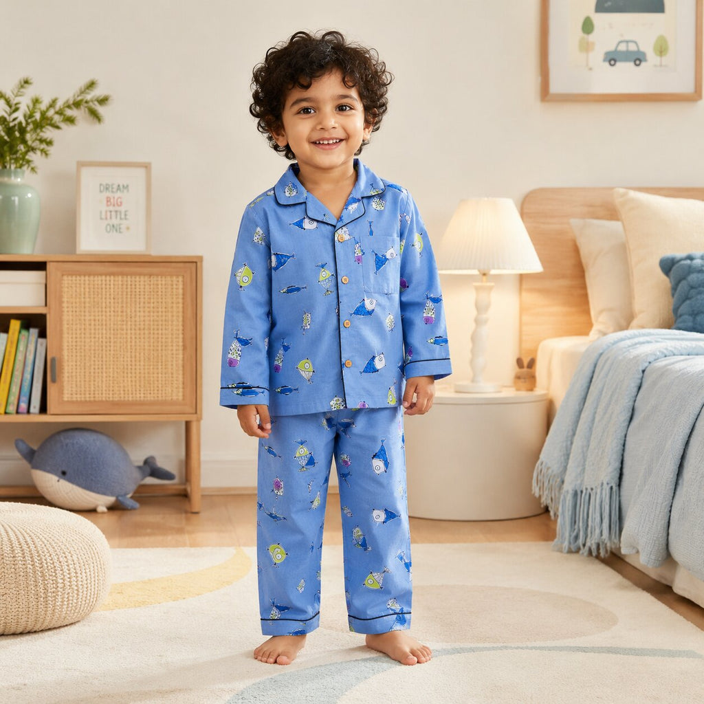 Kids Pure Cotton Fish Print Night Suit Set | Full Sleeve