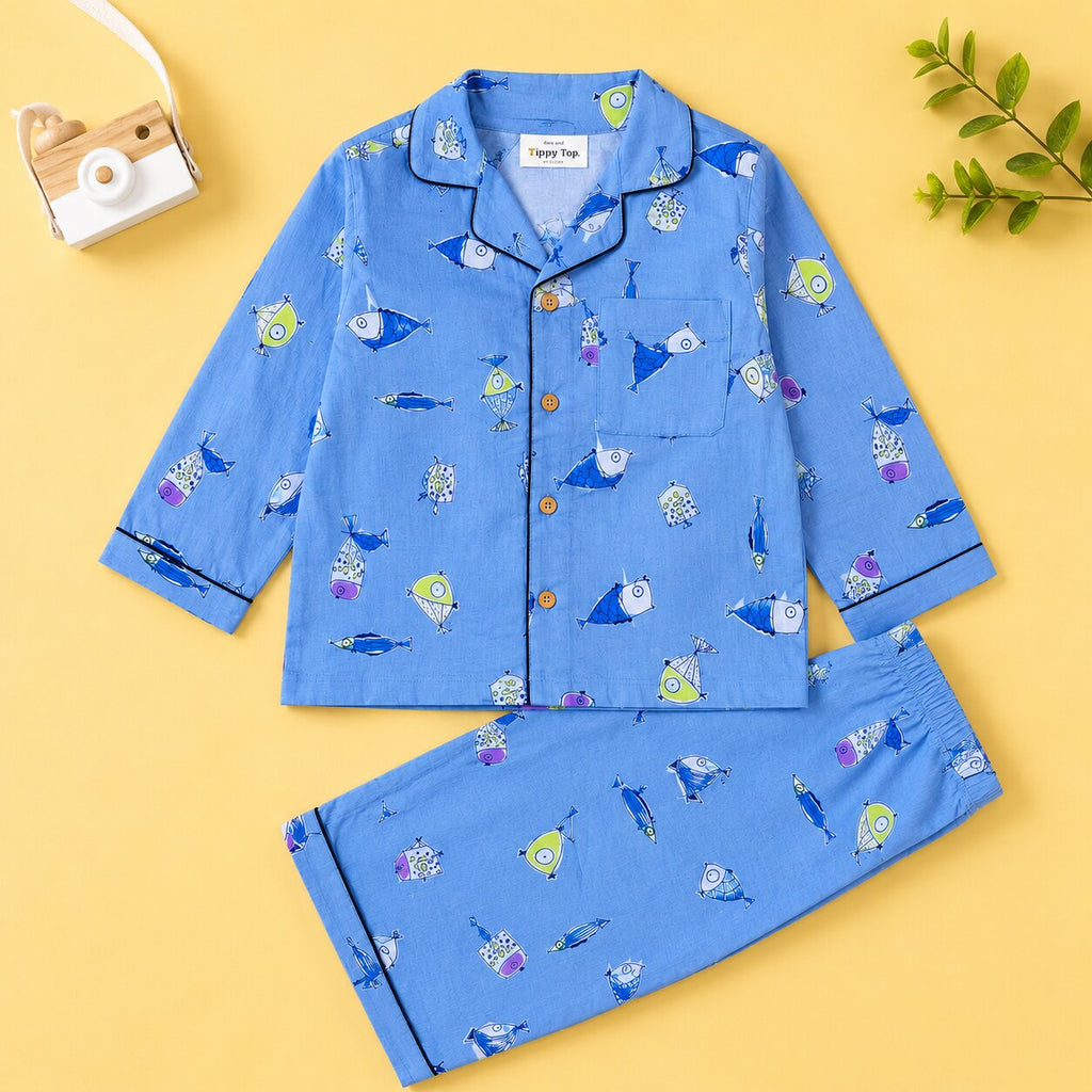 Kids Pure Cotton Fish Print Night Suit Set | Full Sleeve
