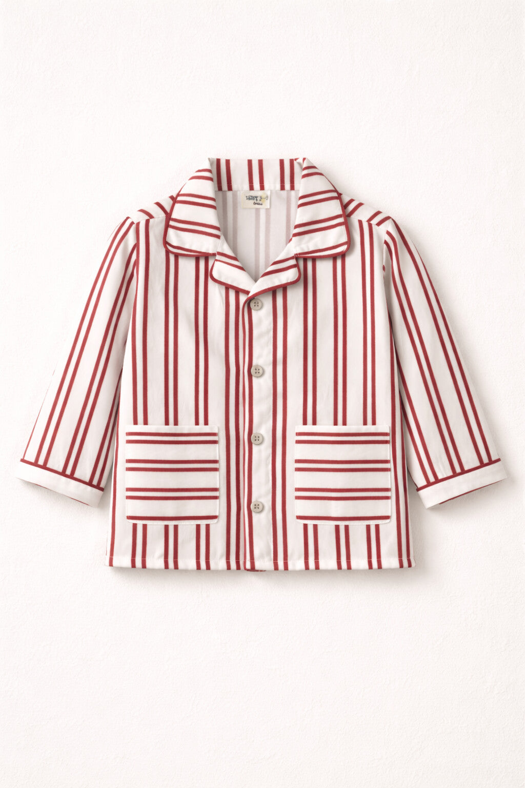 Kids off white striped dual pocket night suit – flat lay product view