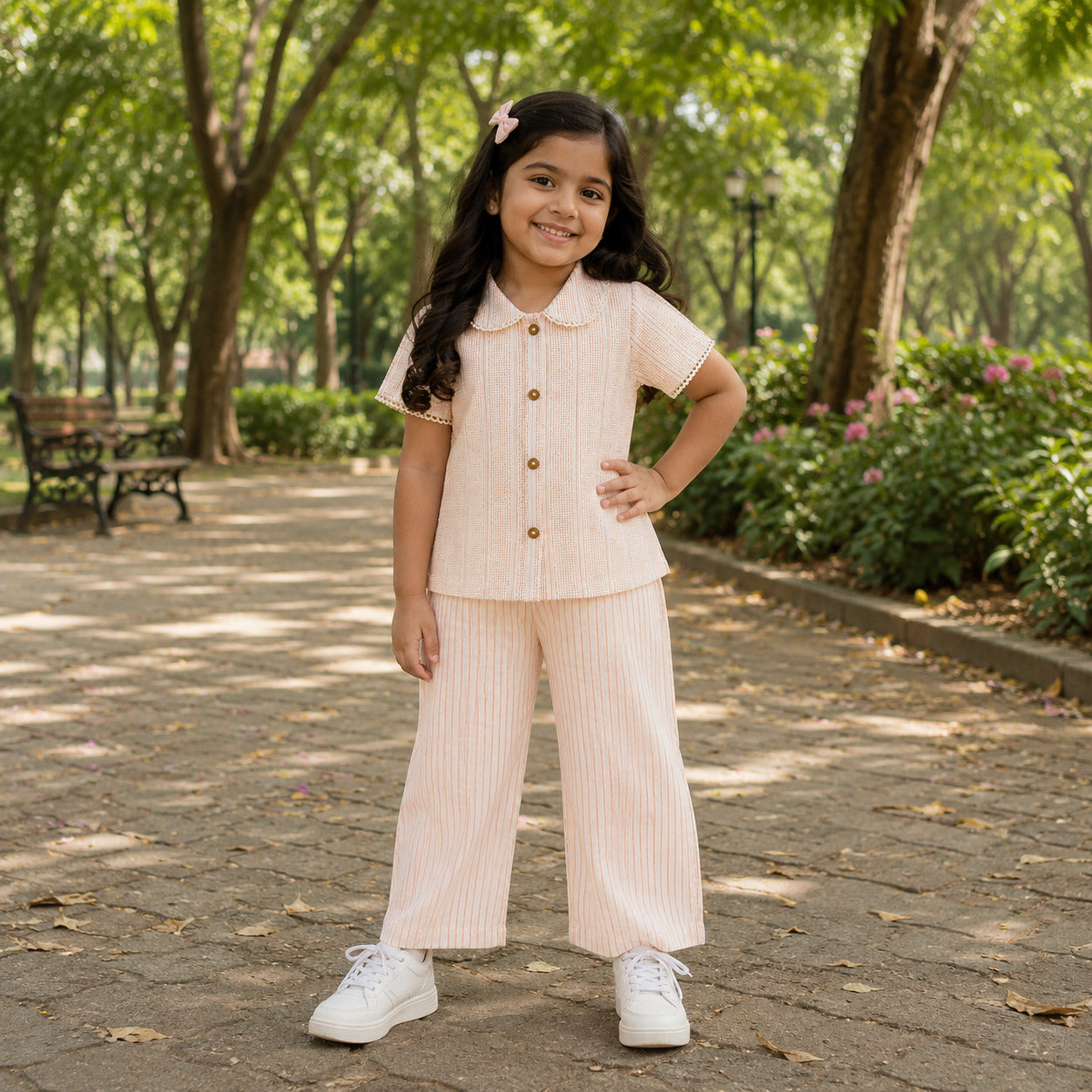 Girls cotton summer stripe co-ord set – child wearing front view