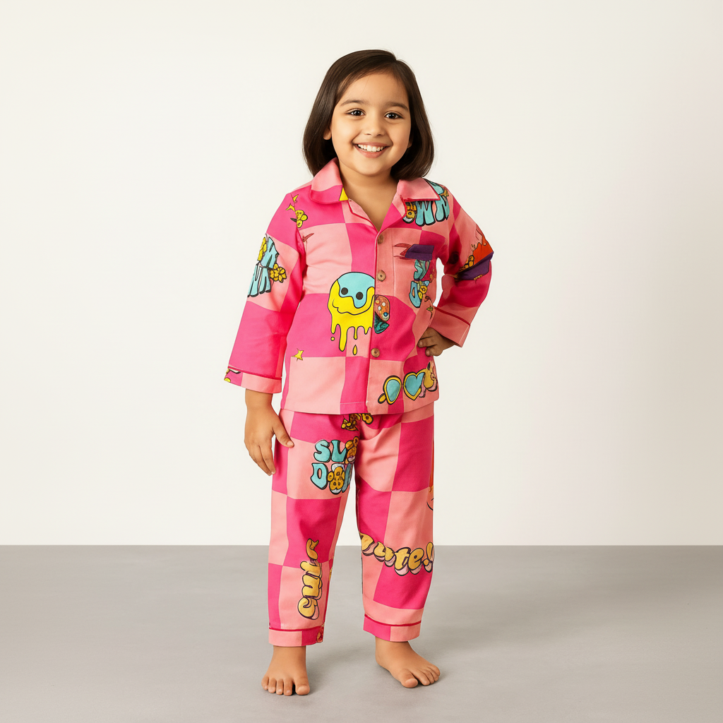 girl wearing a night suit an dgrinning wide while flaunting her pink suit
