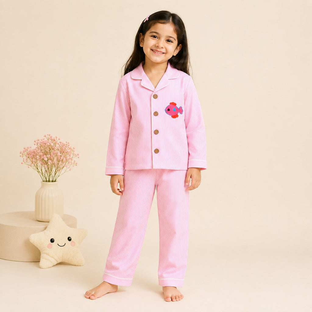 Girls pink striped cotton night suit with fish patch – full sleeve shirt and pyjama set