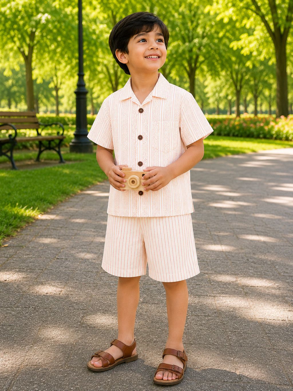Cotton Peach Striped Coord Set – Shirt & Shorts Summer Outfit